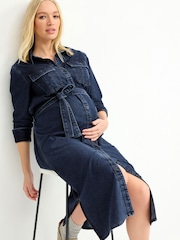 Blue Maternity Longline Belted Denim Dress - Image 1 of 6