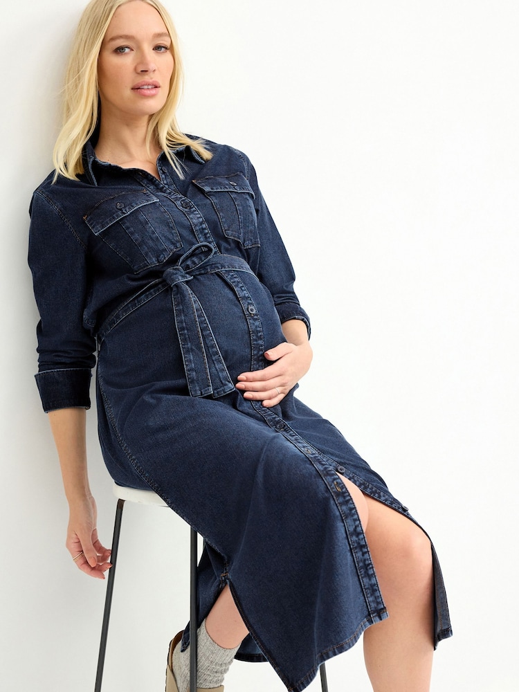 Blue Maternity Longline Belted Denim Dress - Image 1 of 6