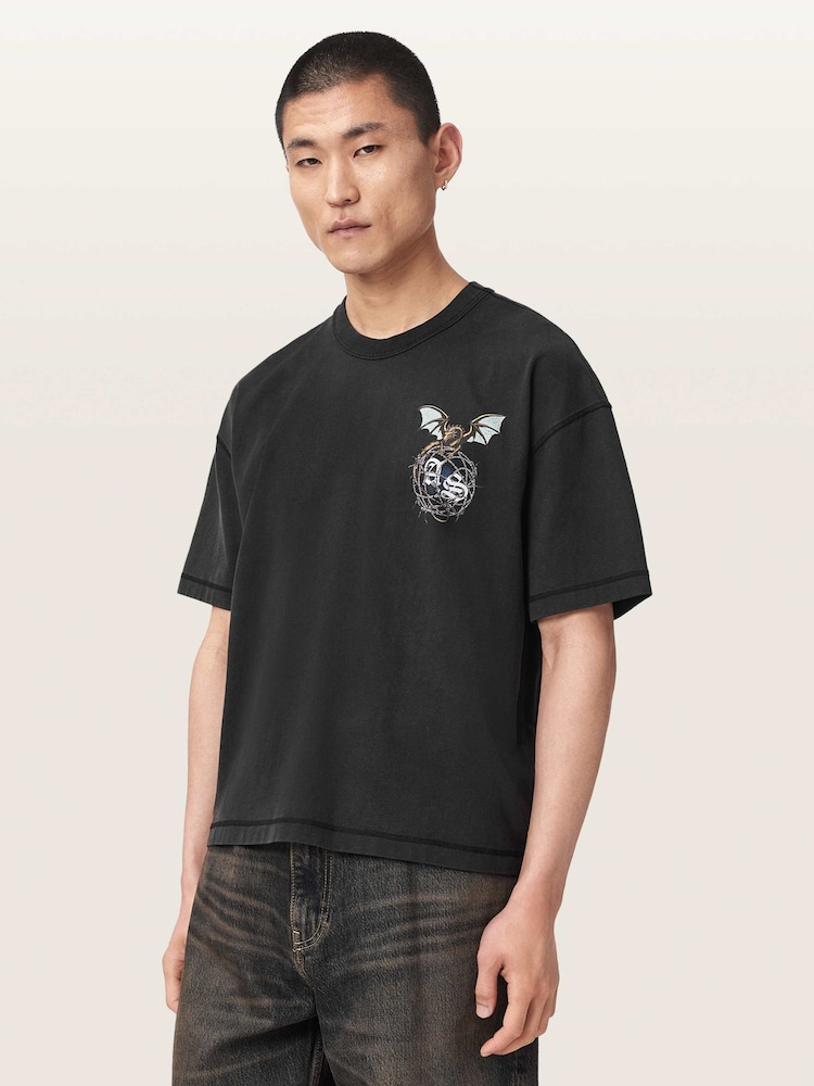 AllSaints Black Wyvern Short Sleeve Crew Neck T-Shirt - Image 1 of 7 AllSaints Black Wyvern Short Sleeve Crew Neck T-Shirt - Image 1 of 7