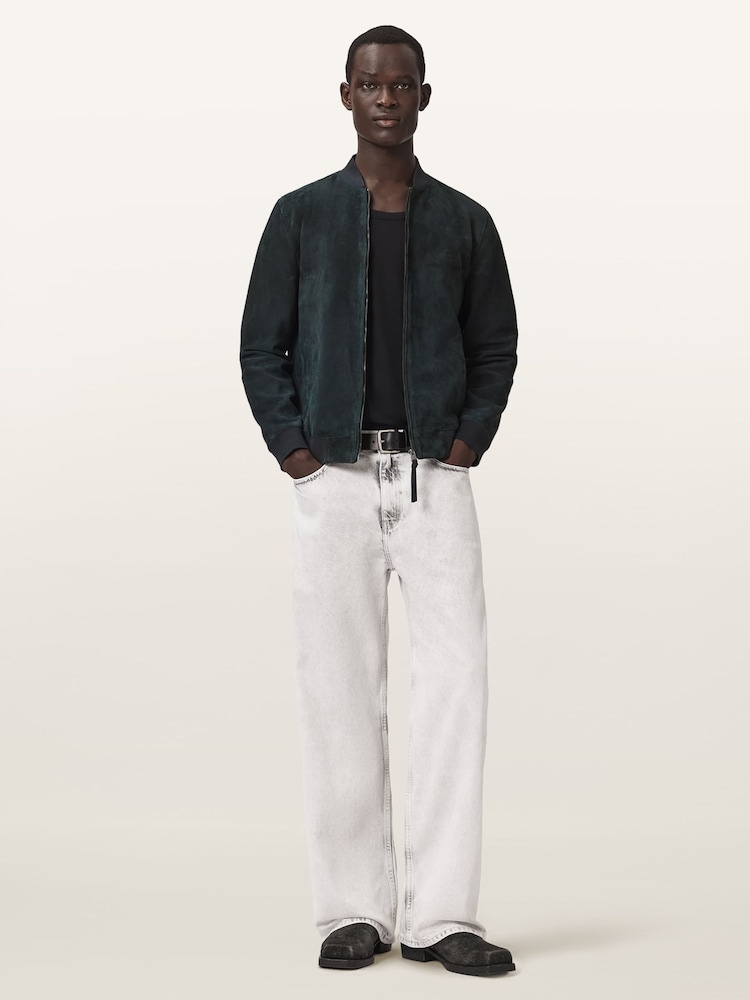 AllSaints Blue Morten Suede Bomber Jacket - Image 2 of 7 AllSaints Blue Morten Suede Bomber Jacket - Image 2 of 7