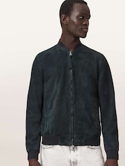 AllSaints Blue Morten Suede Bomber Jacket - Image 4 of 7