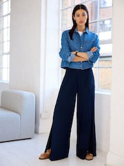 Navy Blue Linen Blend Wrap Wide Trousers - Image 1 of 1