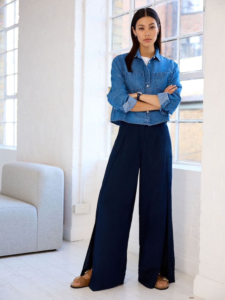 Navy Blue Linen Blend Wrap Wide Trousers - Image 1 of 1