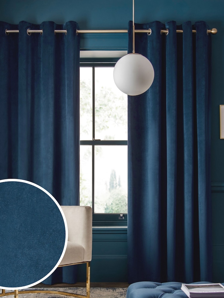 Navy Blue Matte Velvet Lined Eyelet Curtains - Image 1 of 5
