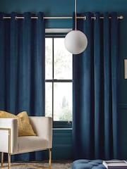 Navy Blue Matte Velvet Lined Eyelet Curtains - Image 2 of 5