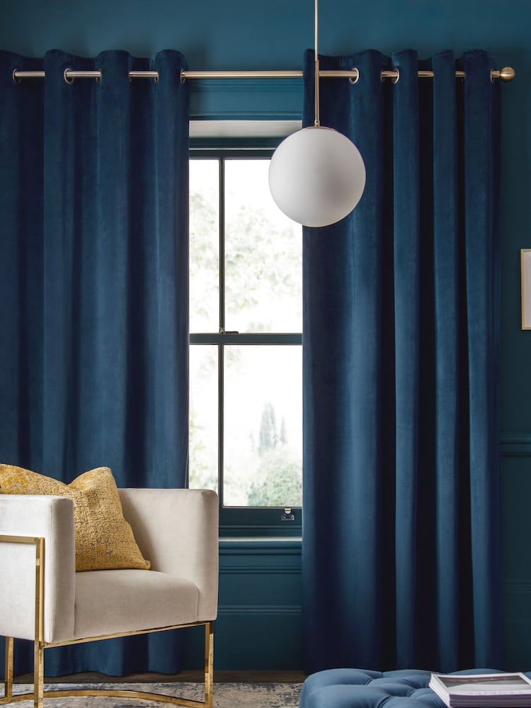 Navy Blue Matte Velvet Lined Eyelet Curtains - Image 2 of 5