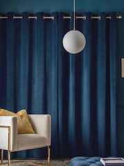 Navy Blue Matte Velvet Lined Eyelet Curtains - Image 3 of 5