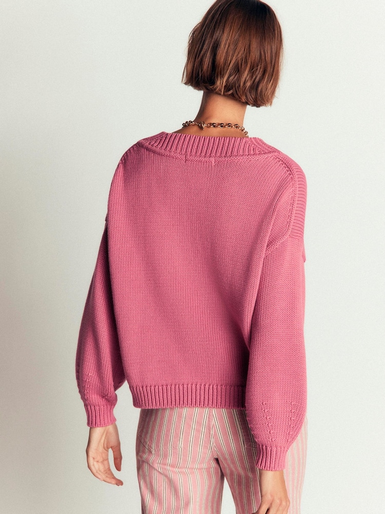 Boden Pink Lucy Cotton V-Neck Jumper - Image 2 of 7
