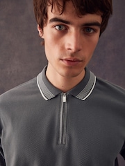 Slate Grey Tipped Short Sleeve Textured Quarter Zip Polo Shirts - Image 1 of 9