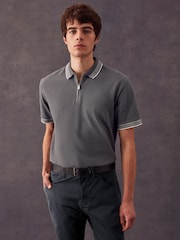 Slate Grey Tipped Short Sleeve Textured Quarter Zip Polo Shirts - Image 2 of 9