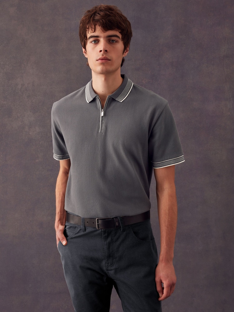 Slate Grey Tipped Short Sleeve Textured Quarter Zip Polo Shirts - Image 2 of 9