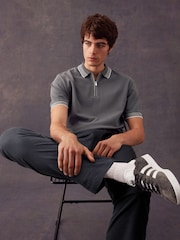 Slate Grey Tipped Short Sleeve Textured Quarter Zip Polo Shirts - Image 4 of 9