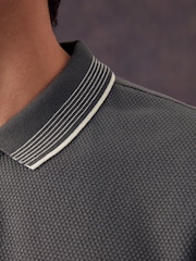 Slate Grey Tipped Short Sleeve Textured Quarter Zip Polo Shirts - Image 5 of 9