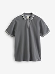 Slate Grey Tipped Short Sleeve Textured Quarter Zip Polo Shirts - Image 7 of 9