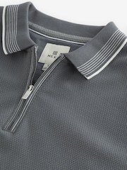 Slate Grey Tipped Short Sleeve Textured Quarter Zip Polo Shirts - Image 8 of 9