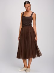 Jolie Moi Brown Tulle Godet Midi Skirt - Image 1 of 6