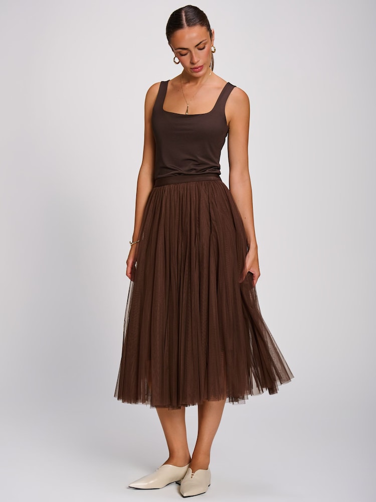 Jolie Moi Brown Tulle Godet Midi Skirt - Image 1 of 6