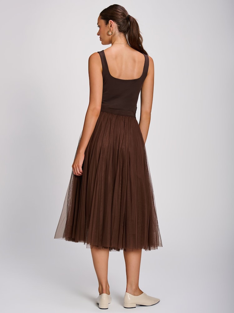Jolie Moi Brown Tulle Godet Midi Skirt - Image 2 of 6