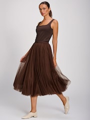 Jolie Moi Brown Tulle Godet Midi Skirt - Image 4 of 6