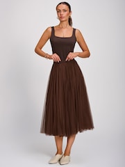 Jolie Moi Brown Tulle Godet Midi Skirt - Image 6 of 6