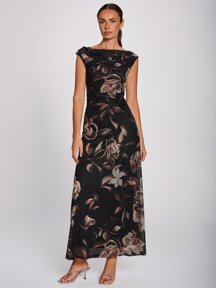 Jolie Moi Brown Multiway Neckline Mesh Maxi Dress - Image 1 of 6