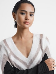 Reiss Black/Silver Tabby Contrast Trim Metallic V-Neck Jumper - Image 1 of 5