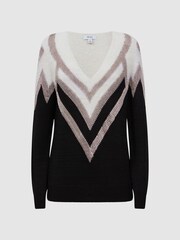 Reiss Black/Silver Tabby Contrast Trim Metallic V-Neck Jumper - Image 2 of 5