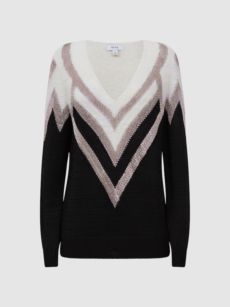 Reiss Black/Silver Tabby Contrast Trim Metallic V-Neck Jumper - Image 2 of 5