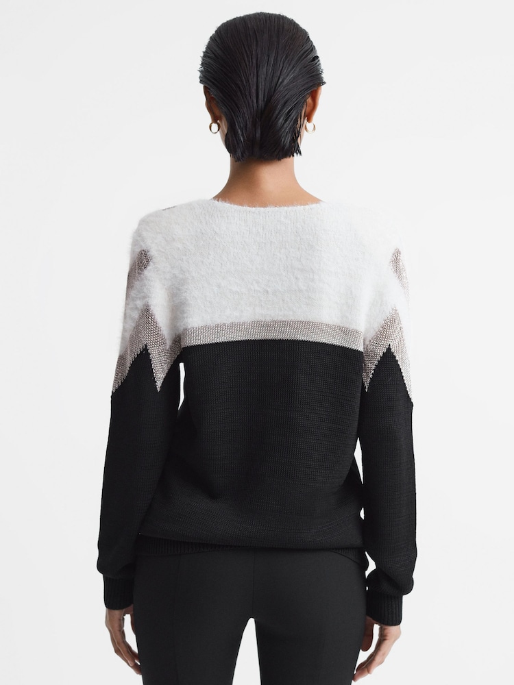 Reiss Black/Silver Tabby Contrast Trim Metallic V-Neck Jumper - Image 5 of 5