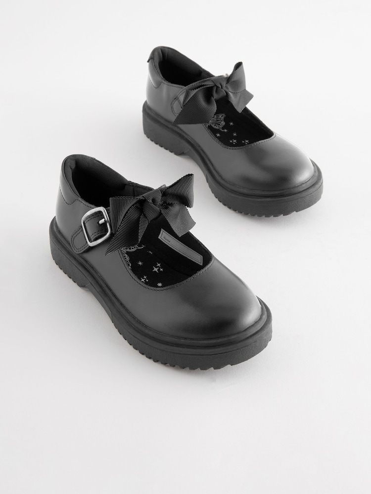 Matt Black Wide Fit (G) Leather Bow Chunky Mary Jane School Shoes - Image 1 of 7