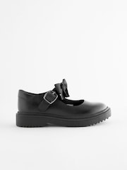 Matt Black Wide Fit (G) Leather Bow Chunky Mary Jane School Shoes - Image 2 of 7