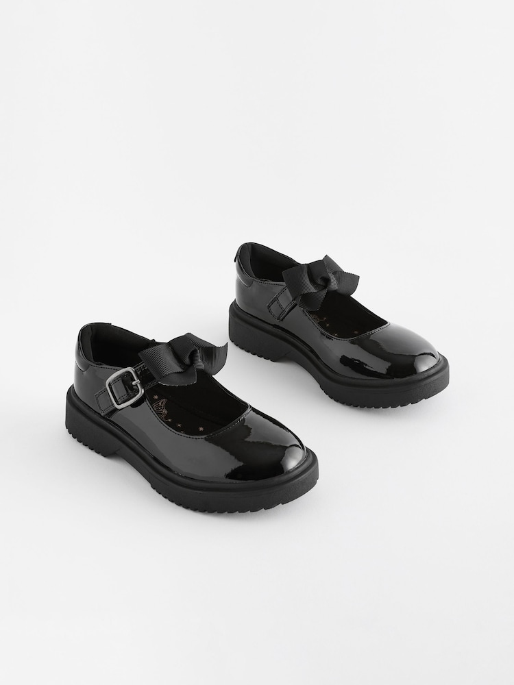 Black Patent Wide Fit (G) Bow Chunky Mary Jane School Shoes - Image 1 of 10