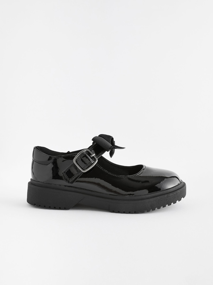 Black Patent Wide Fit (G) Bow Chunky Mary Jane School Shoes - Image 2 of 10