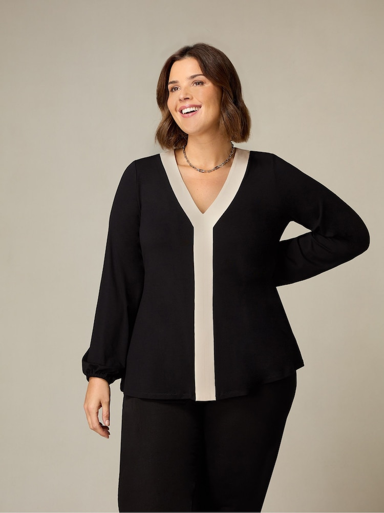 Live Unlimited Black Curve Jersey Contrast Placket Top - Image 1 of 4