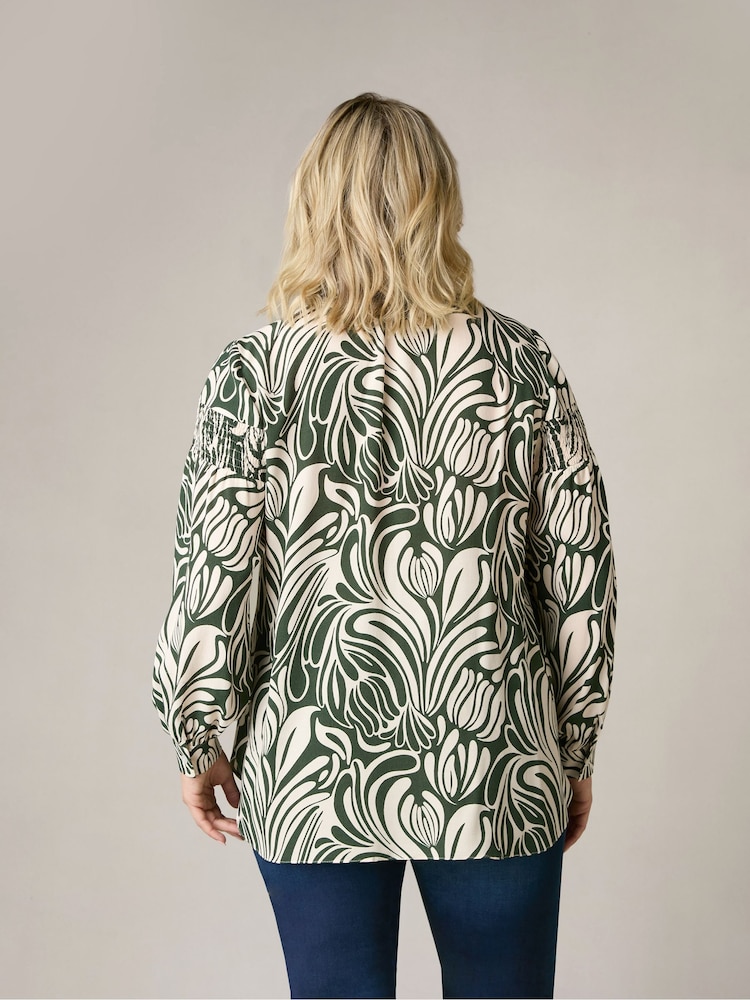 Live Unlimited White Curve Abstract Print Shirred Shoulder Blouse - Image 2 of 5