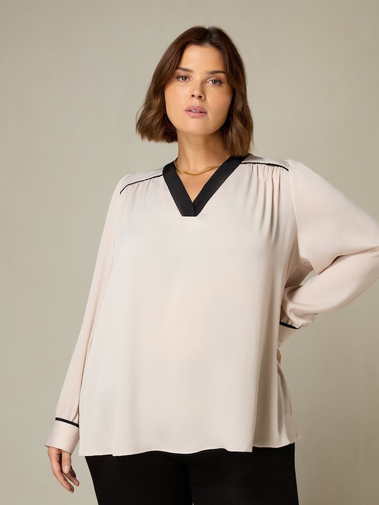 Live Unlimited Stone Cream Curve Contrast Neck Band Blouse - Image 1 of 4