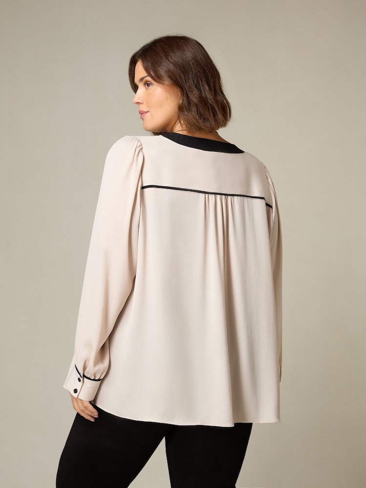 Live Unlimited Stone Cream Curve Contrast Neck Band Blouse - Image 2 of 4