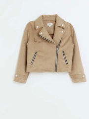 River Island Brown Girls Suedette Biker Jacket - Image 1 of 4