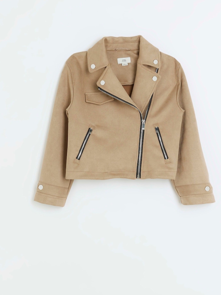 River Island Brown Girls Suedette Biker Jacket - Image 1 of 4