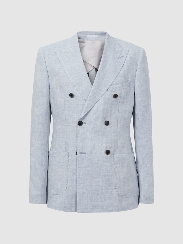 Reiss Soft Blue Lagoon Slim Fit Double Breasted Linen Herringbone Blazer - Image 2 of 6