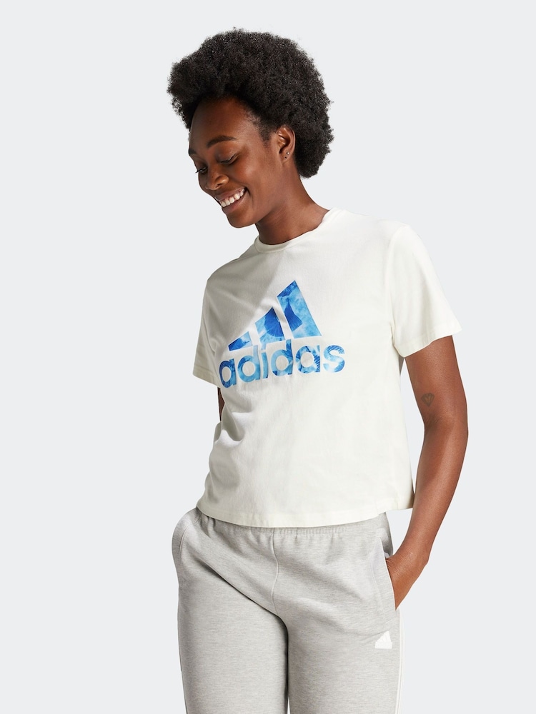adidas White 100% Cotton Sportswear Floral Graphic Big Logo T-Shirt - Image 1 of 4