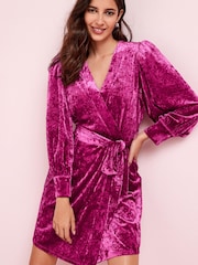 Pink Velvet Mini Wrap Dress - Image 1 of 5