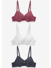 Navy/Pink/White Push Up Plunge Lace Bras 3 Pack - Image 1 of 5