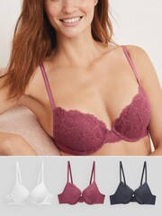 Navy/Pink/White Push Up Plunge Lace Bras 3 Pack - Image 5 of 5