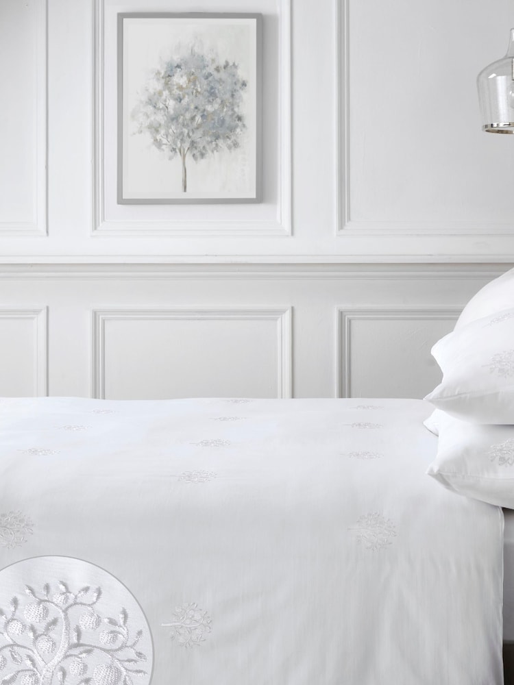 Appletree White Embroidered Trees 100% Cotton Duvet Cover Set - Image 2 of 4
