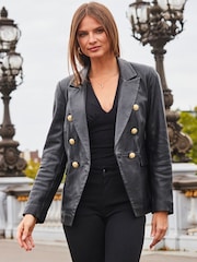 Sosandar Black Leather Blazer With Gold Button - Image 3 of 5