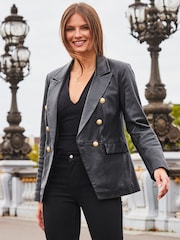 Sosandar Black Leather Blazer With Gold Button - Image 4 of 5