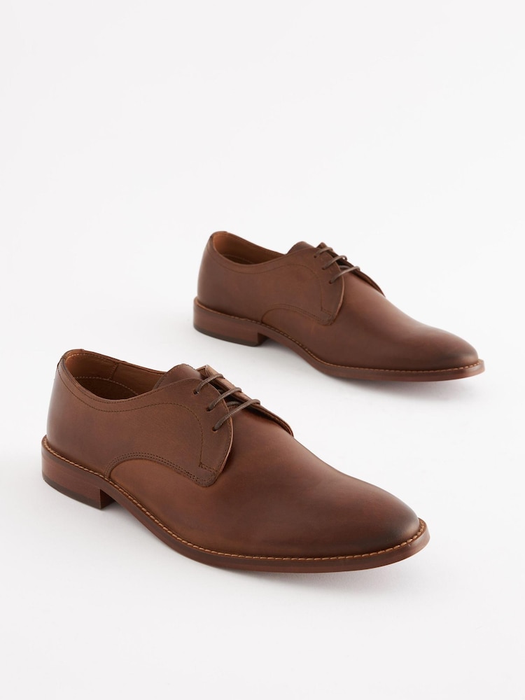 Dark Tan Brown Regular Fit Contrast Sole Leather Derby Shoes - Image 1 of 6