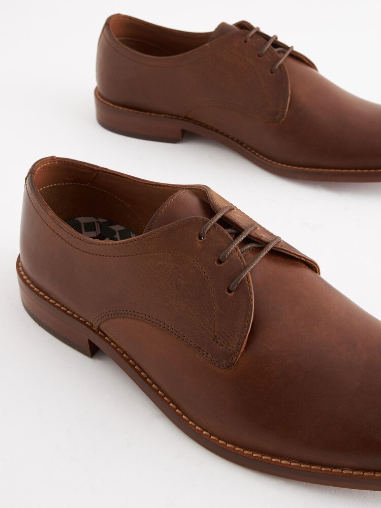 Dark Tan Brown Regular Fit Contrast Sole Leather Derby Shoes - Image 3 of 6