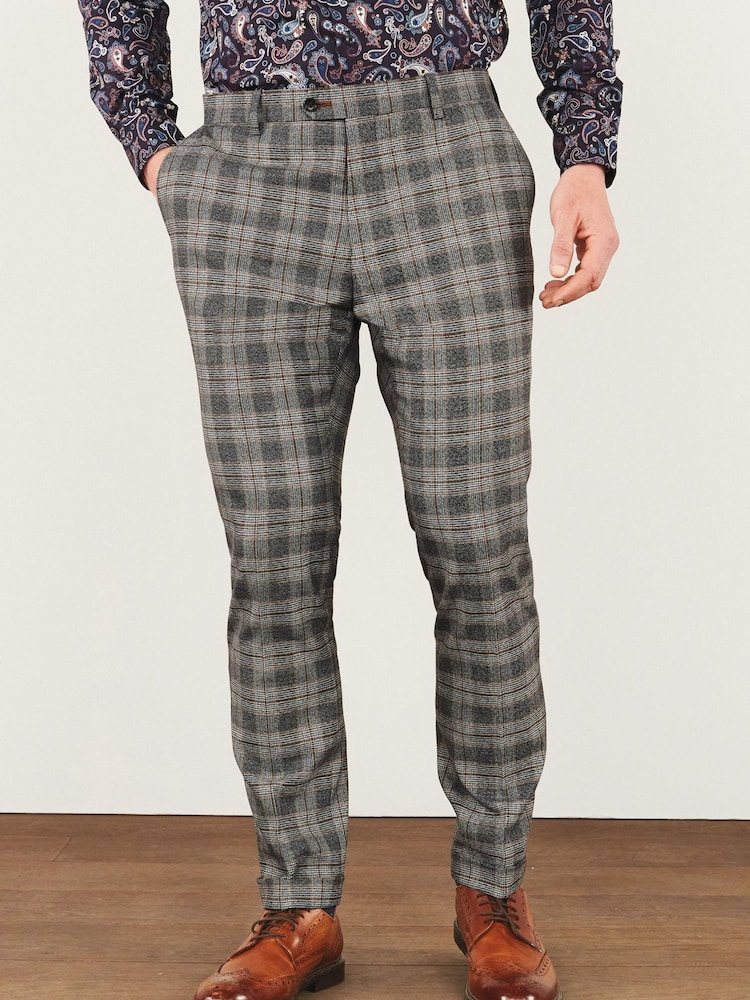 Grey Skinny Fit Trimmed Check Suit: Trousers - Image 1 of 7
